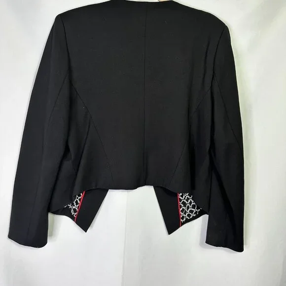 Black Cropped Open Front Blazer Pattern Lining Officecore Quiet Luxury 80's - Picture 2 of 7